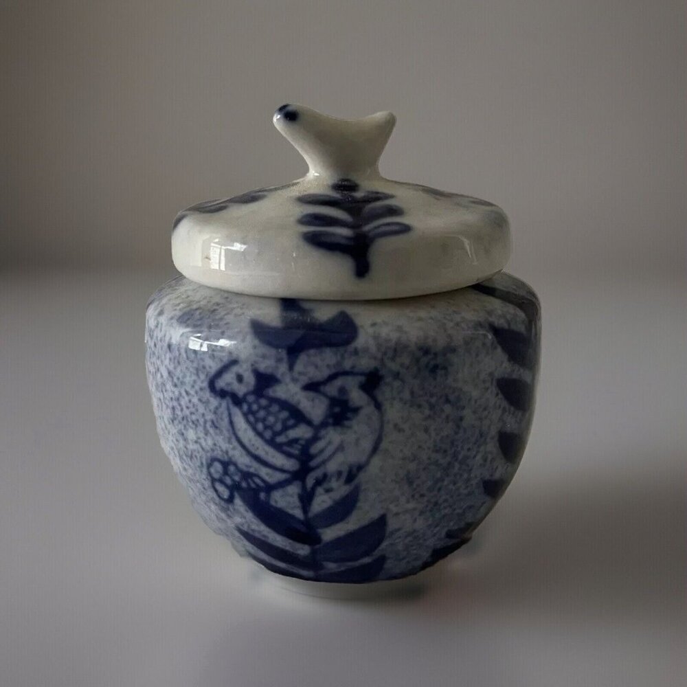 Blue White Round Porcelain Trinket Dish Succulent Planter Ring Box Bird Design